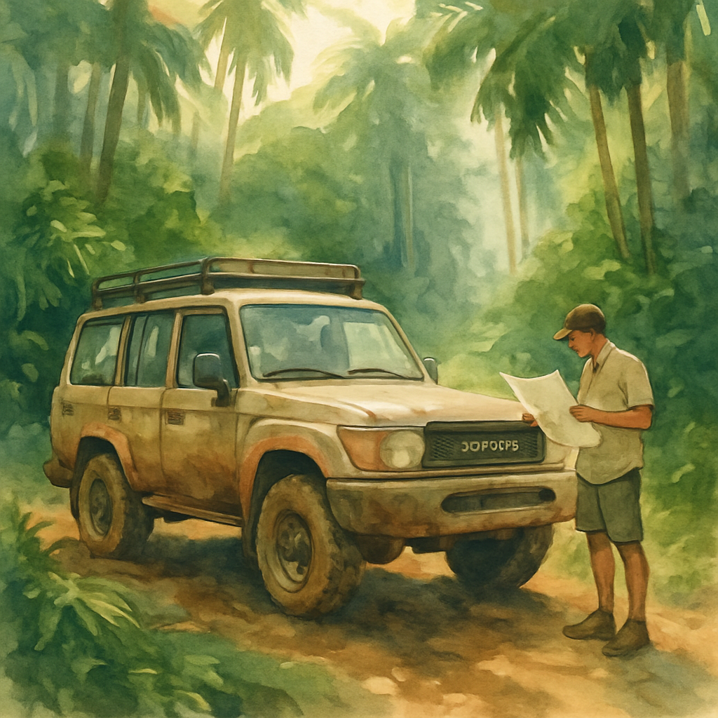 A muddy 4x4 Toyota Land Cruiser parked at the edge of a dense tropical rainforest trail in São Tomé, driver examining a paper map, afternoon light filtering through tall palm trees, adventurous travel mood