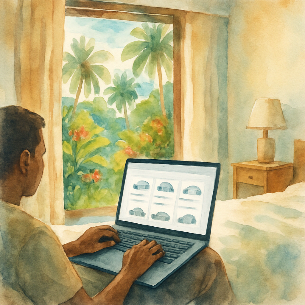 Person using a laptop at a hotel room in São Tomé, screen showing a car rental comparison website, tropical garden visible through the window, natural light, modern and clean travel planning atmosphere