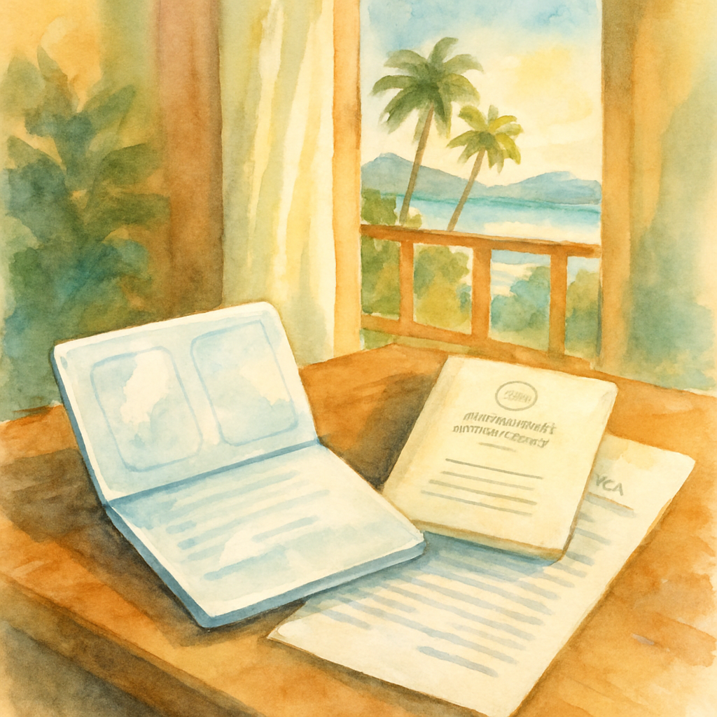 Close-up of a traveler's open passport, international driving license, and a car rental agreement form placed on a wooden desk in a tropical hotel room with sunlight streaming through the window