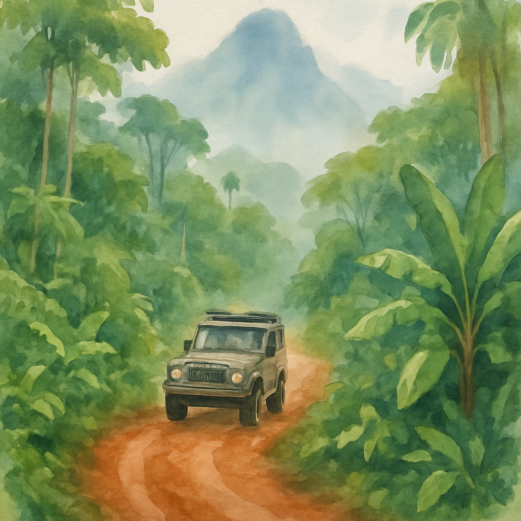 A rugged 4x4 SUV navigating a narrow, winding red-dirt road through dense tropical rainforest in São Tomé island, with misty mountains visible in the background and vibrant green vegetation on both sides