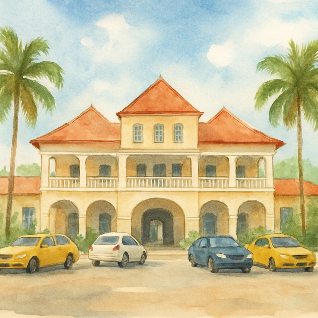 Front view of São Tomé International Airport terminal building with small colonial-style architecture, palm trees on each side, a few taxis and rental cars parked outside, tropical blue sky with light clouds