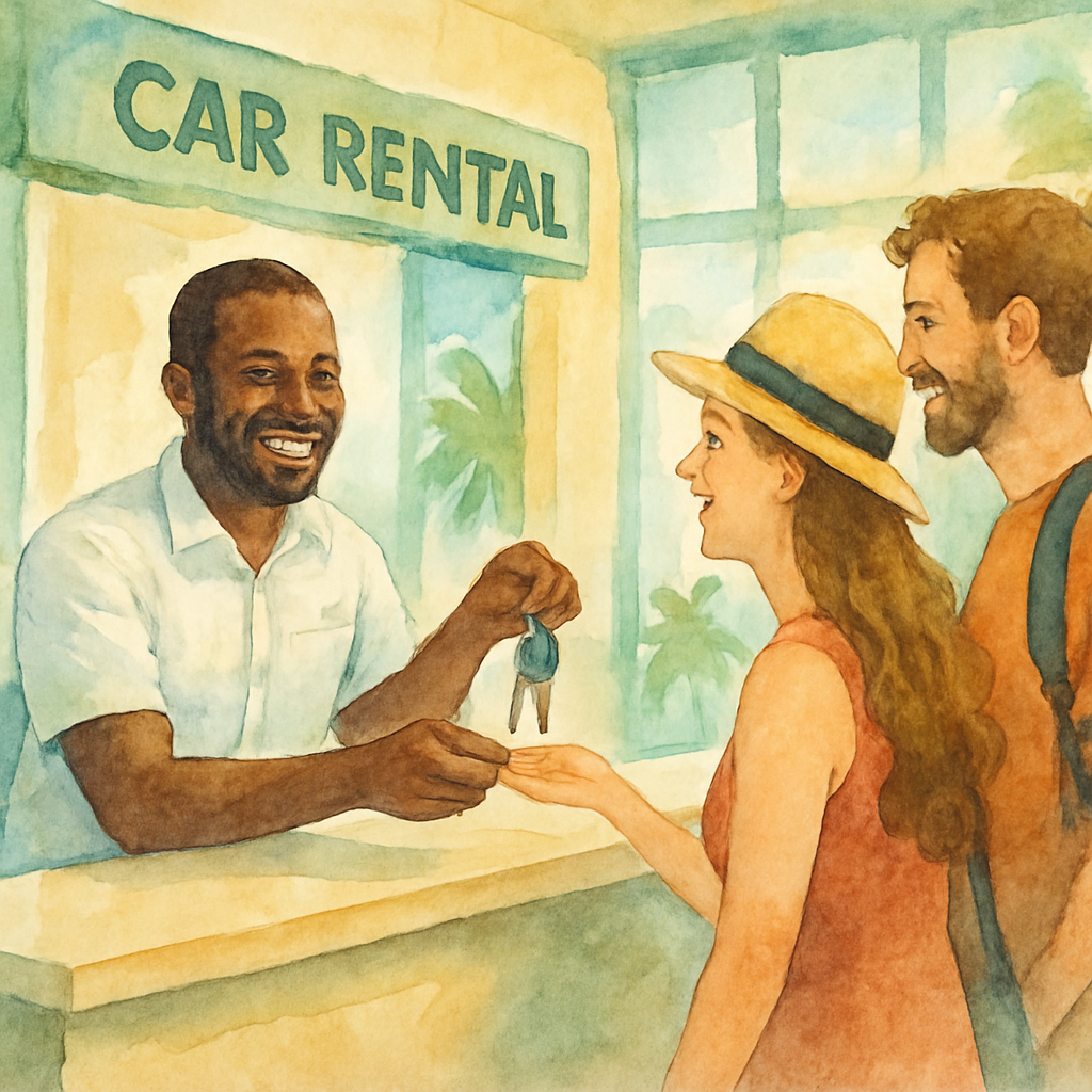 A smiling African car rental agent handing over car keys to a tourist couple at a rental desk inside a small tropical airport, bright lighting, modern signage visible, professional yet warm atmosphere