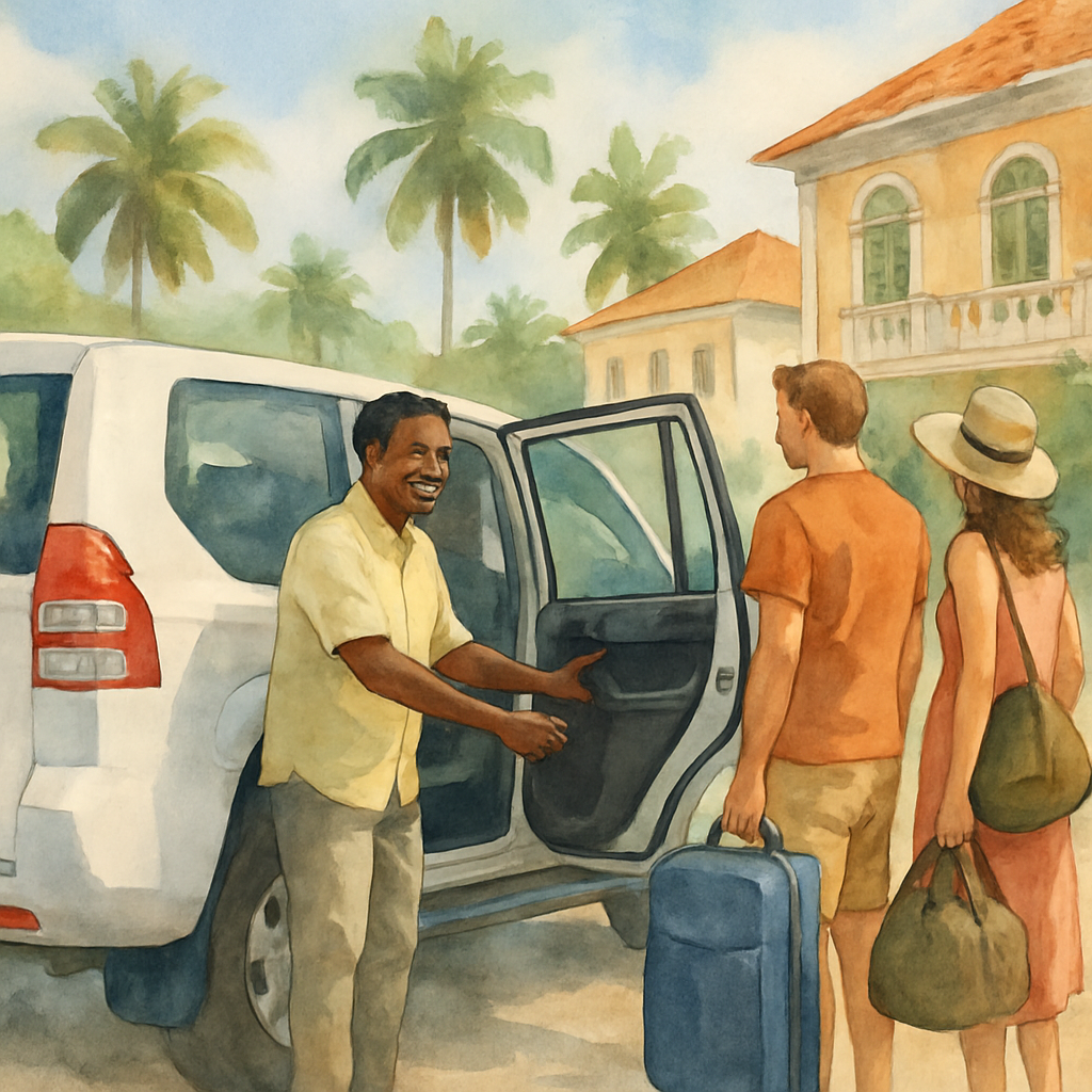 A local São Tomé driver smiling and opening the rear door of a clean Toyota Land Cruiser for a tourist couple with luggage, colonial-style buildings and palm trees visible in the background on a sunny day