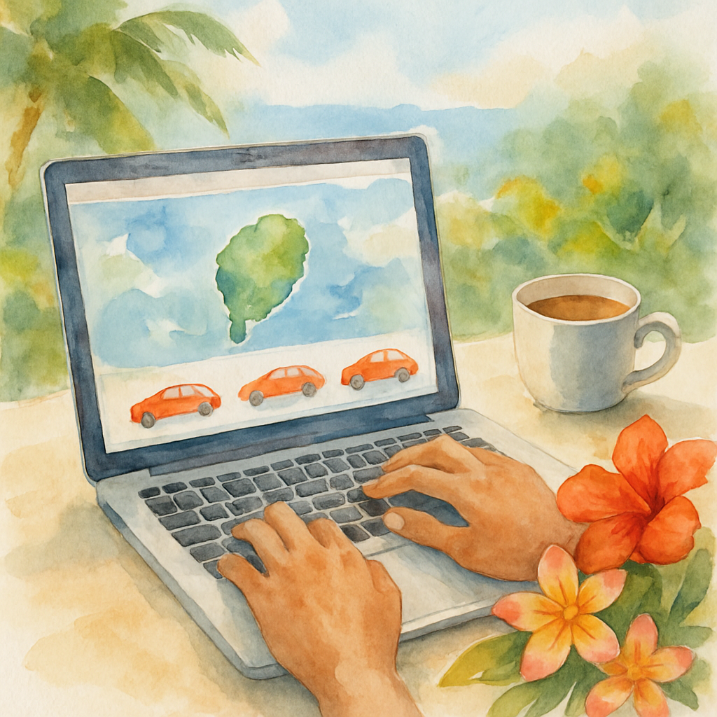 Close-up of a person using a laptop to compare car rental prices on a travel website, with a map of São Tomé island visible on screen, a cup of coffee and tropical flowers on the desk beside the laptop