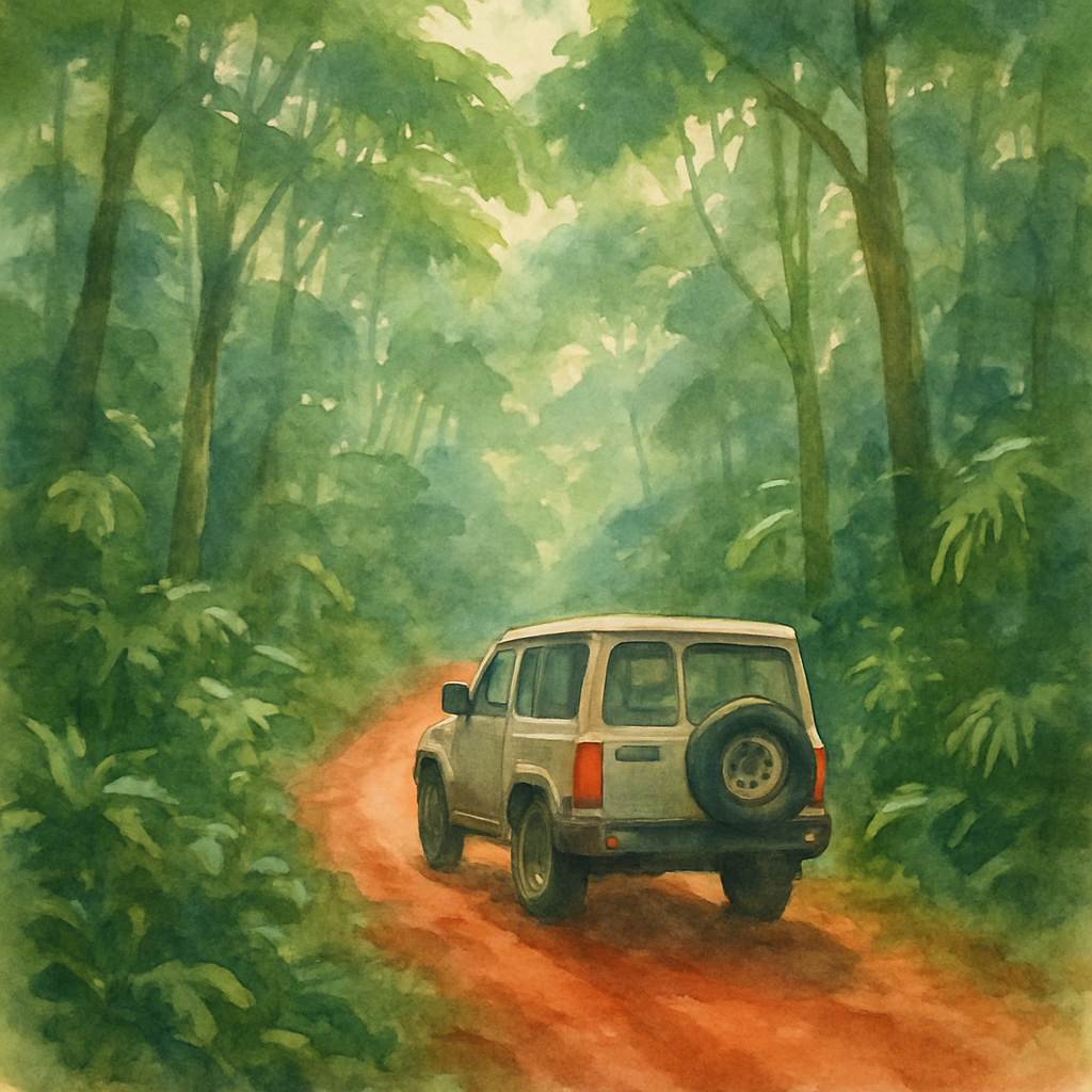 A 4x4 SUV driving on a narrow red laterite dirt road through dense tropical rainforest in Príncipe island, dappled sunlight filtering through the tree canopy, no other vehicles visible, sense of adventure and exploration