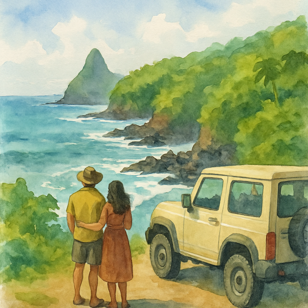 A couple standing next to a parked 4x4 vehicle overlooking a dramatic volcanic coastline in Príncipe island, turquoise sea crashing against dark rocks below, lush jungle behind them, bright tropical sky with scattered clouds