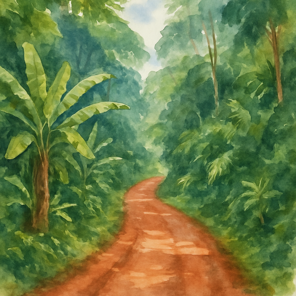 Narrow tropical road in São Tomé with red clay surface, bordered by dense jungle vegetation and banana trees, showing a challenging but scenic driving route with dappled sunlight