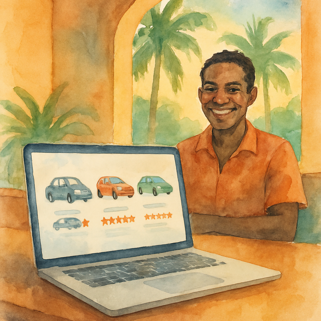 Car rental comparison on a laptop screen at a tropical hotel reception desk in São Tomé, with a smiling local attendant, warm interior lighting and palm trees visible through the window